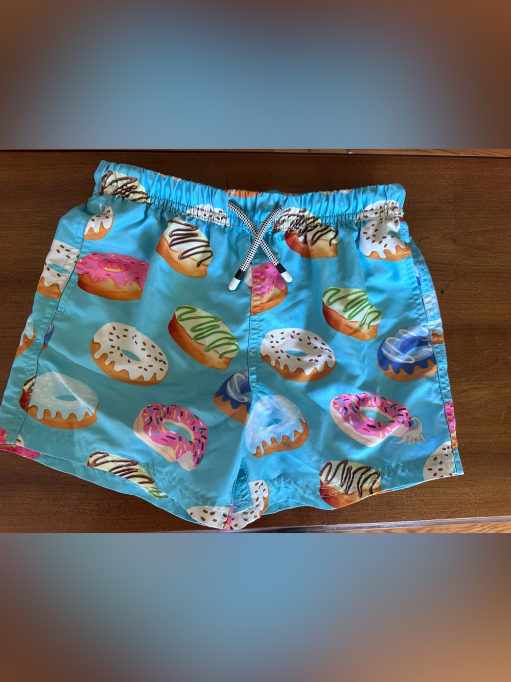 Surf Cuz Donut Print Swim Trunks in Bright Turquoise